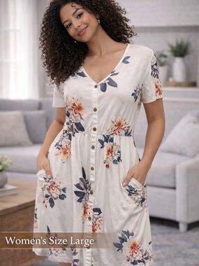 Floral Button-Down Dress WITH POCKETS size LARGE